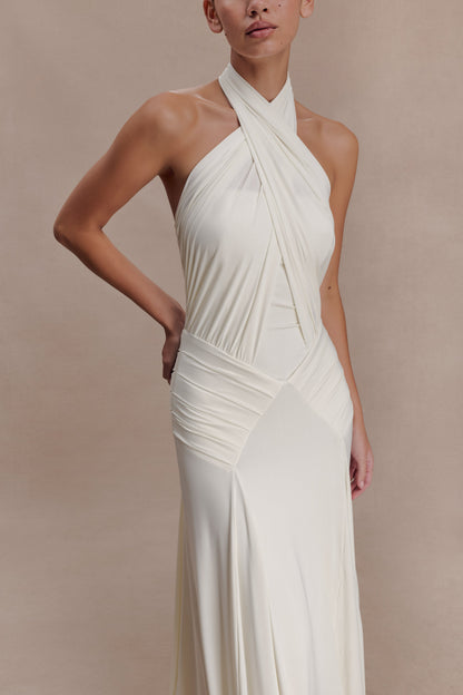 Indira Gathered Slinky Halter Maxi Dress - Ivory