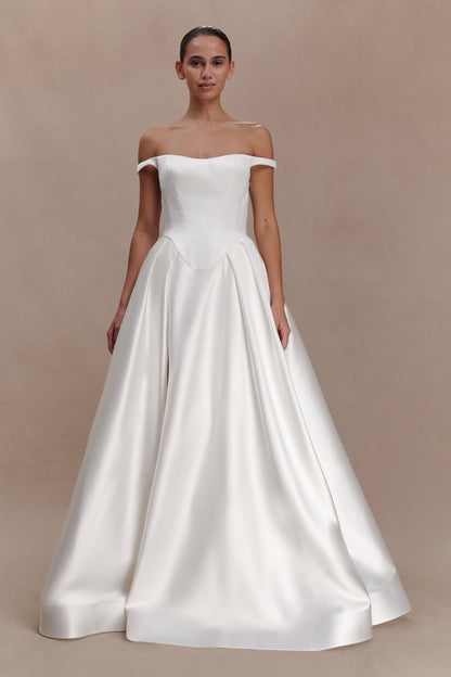 Willow Off Shoulder Satin Maxi Gown - White