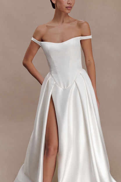 Willow Off Shoulder Satin Maxi Gown - White