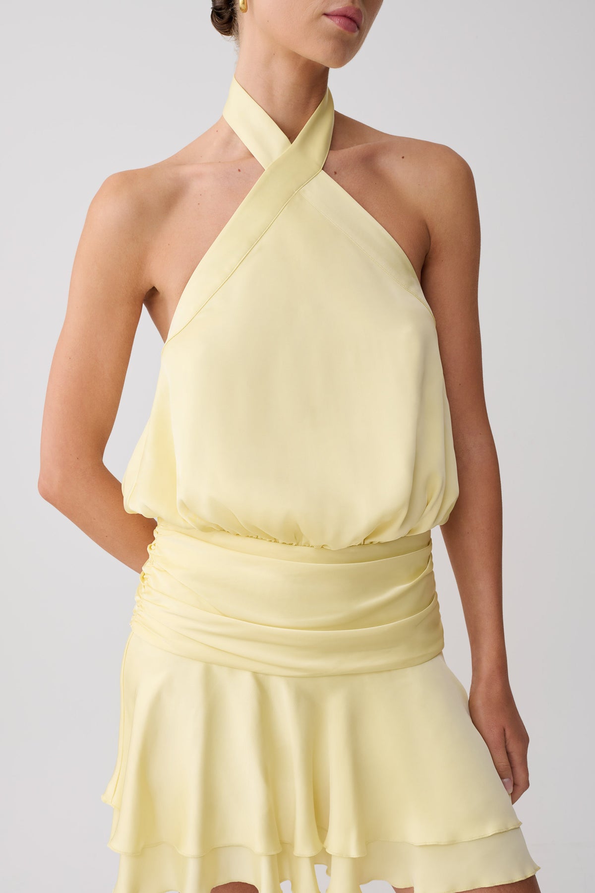 Poppy Satin Halter Mini Dress - Lemon
