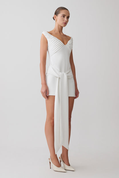 Runa Off Shoulder Mini Dress With Waist Tie - White