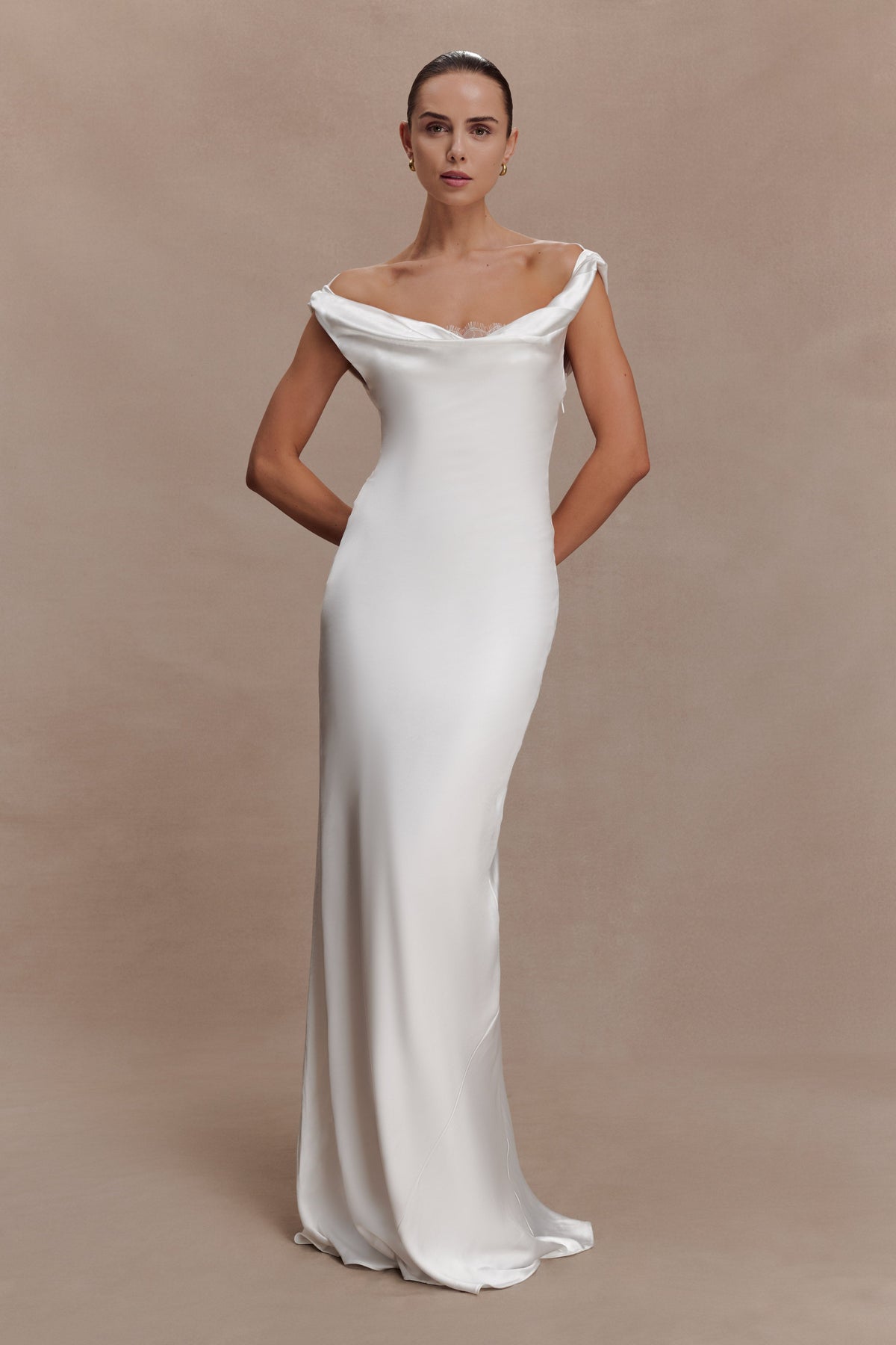 Ashley Cowl Neck Lace And Satin Maxi Dress - Ivory