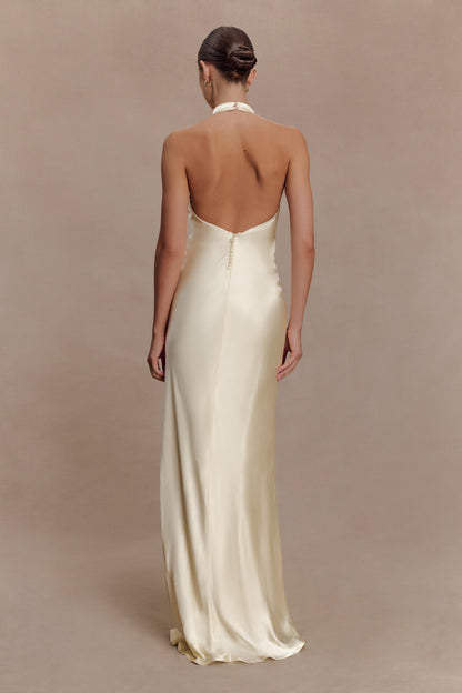 Esther Iridescent Satin Cowl Maxi Dress - Lemon Sorbet