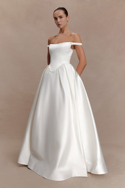 Willow Off Shoulder Satin Maxi Gown - White