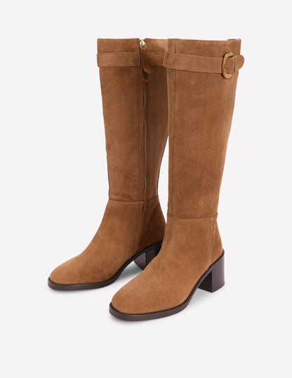 Buckle Detail Knee Boots-Cognac Suede