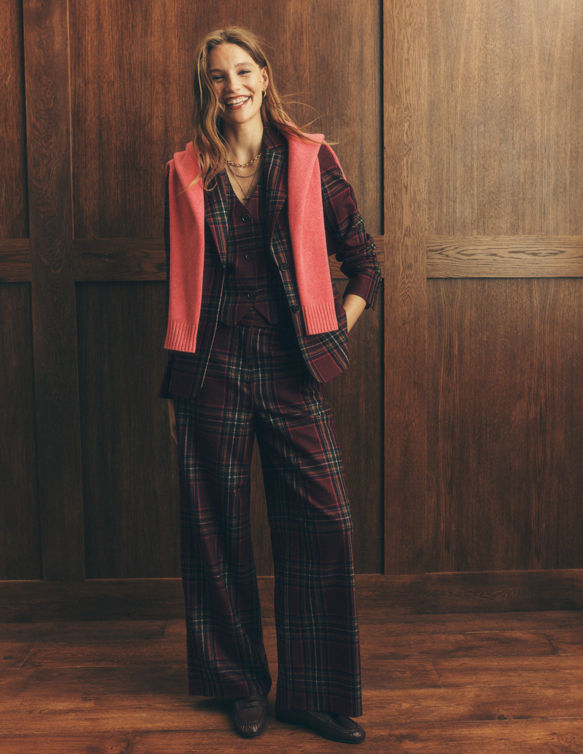 Belgravia Wool Blend Trousers-Maroon And Olive Check