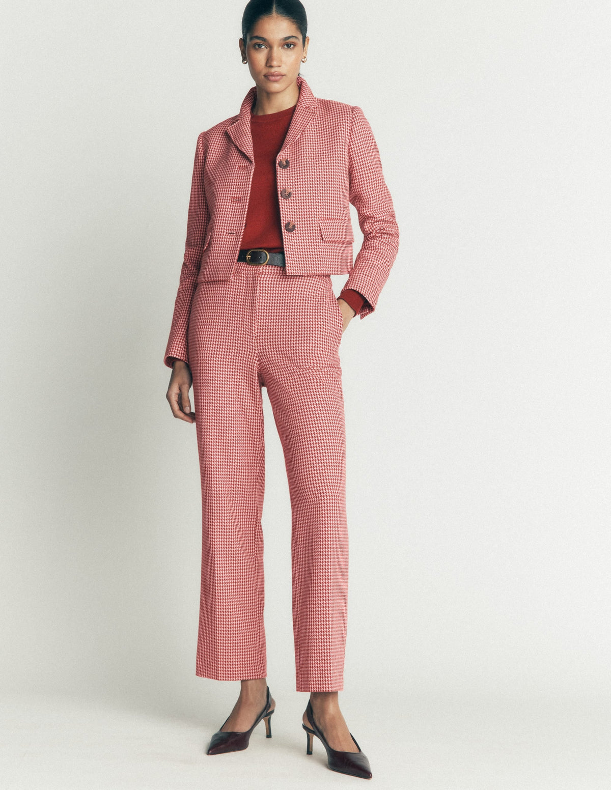 Canonbury Cotton 7/8 Trousers-Pink, Brown Puppytooth