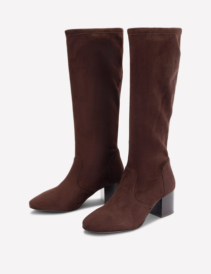 Block Heel Stretch Boots-Chocolate