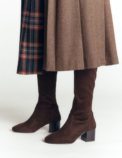 Block Heel Stretch Boots-Chocolate