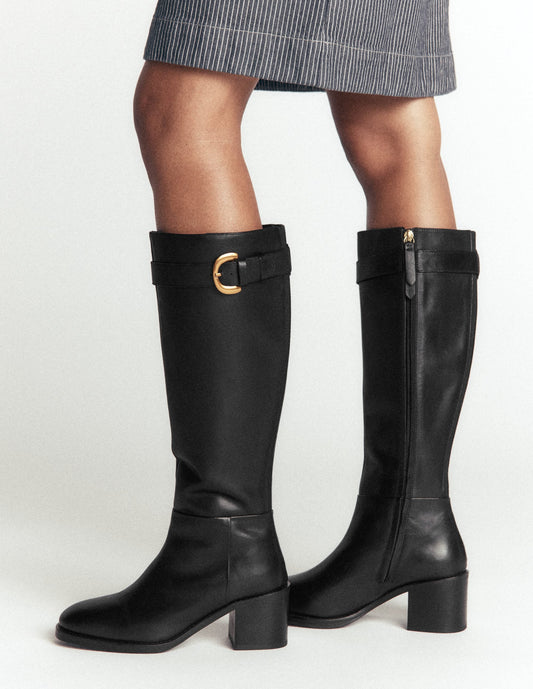 Buckle Detail Knee Boots-Black