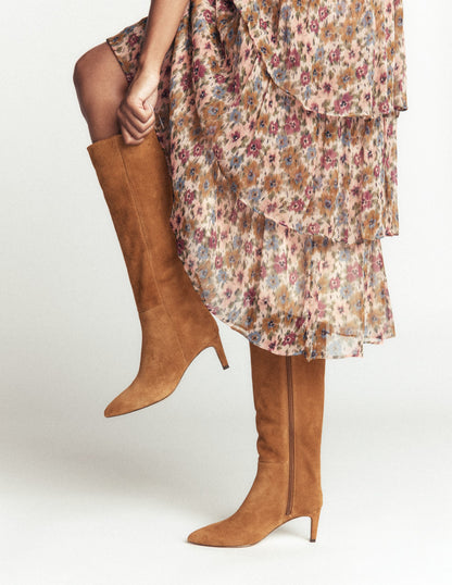 Straight Leg Heeled Boots-Cognac Suede