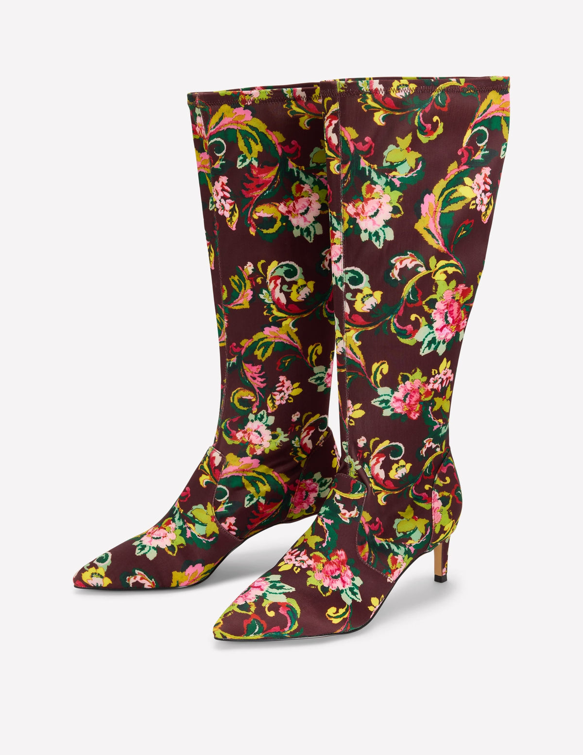 Stretch Kitten Heel Boots-Floral Print