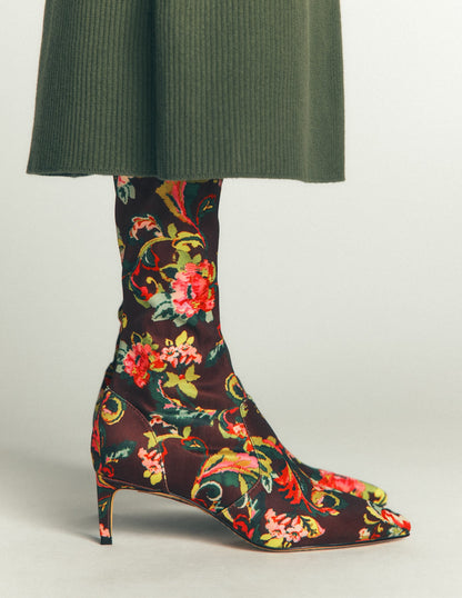 Stretch Kitten Heel Boots-Floral Print