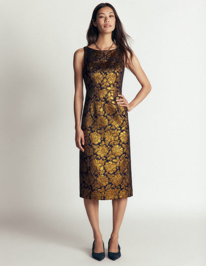 Jacquard Boat Neck Dress-Gold Floral Jacquard
