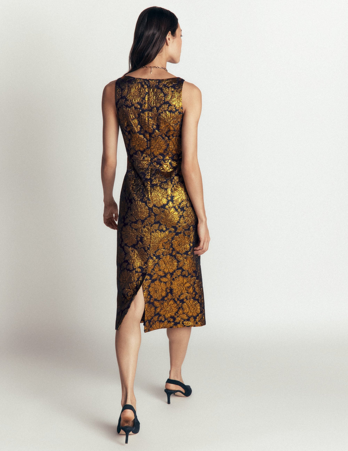 Jacquard Boat Neck Dress-Gold Floral Jacquard