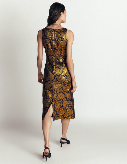 Jacquard Boat Neck Dress-Gold Floral Jacquard