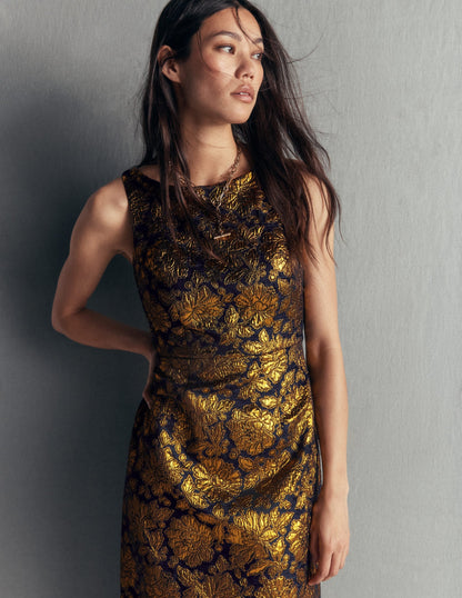Jacquard Boat Neck Dress-Gold Floral Jacquard