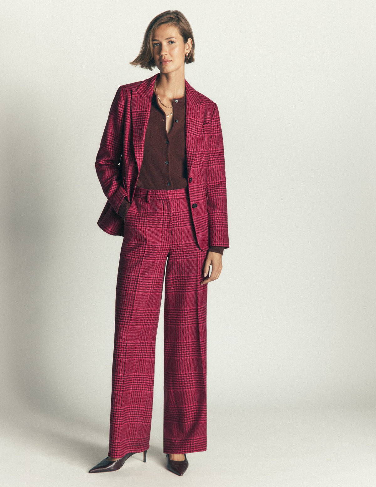 Belgravia Wool Blend Trousers-Pink and Maroon Check