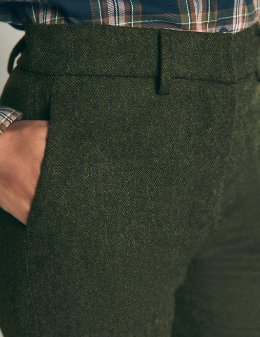 Canonbury Wool Blend Trousers-Dark Green Herringbone