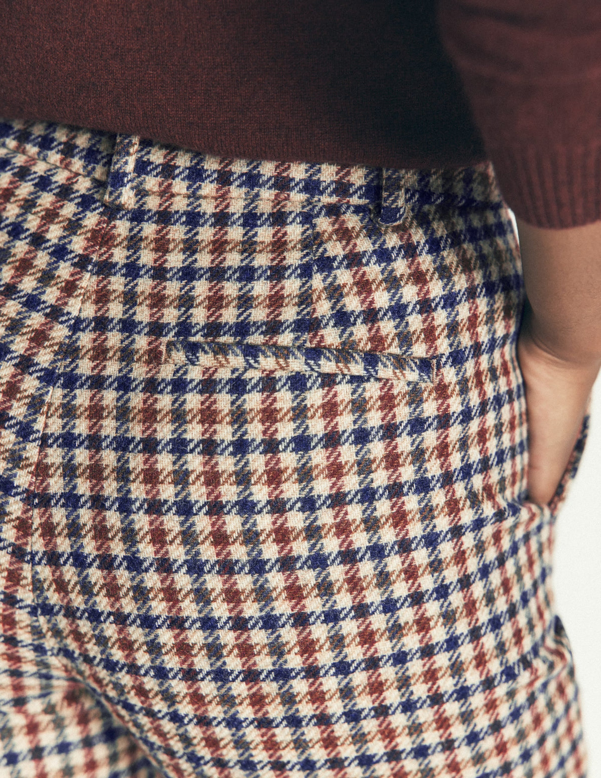Canonbury Wool Blend Trousers-Ivory, Blue and Maroon Check