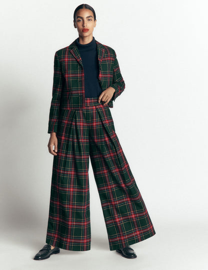 Wool Blend Pleated Trousers-Green, Navy and Red Check