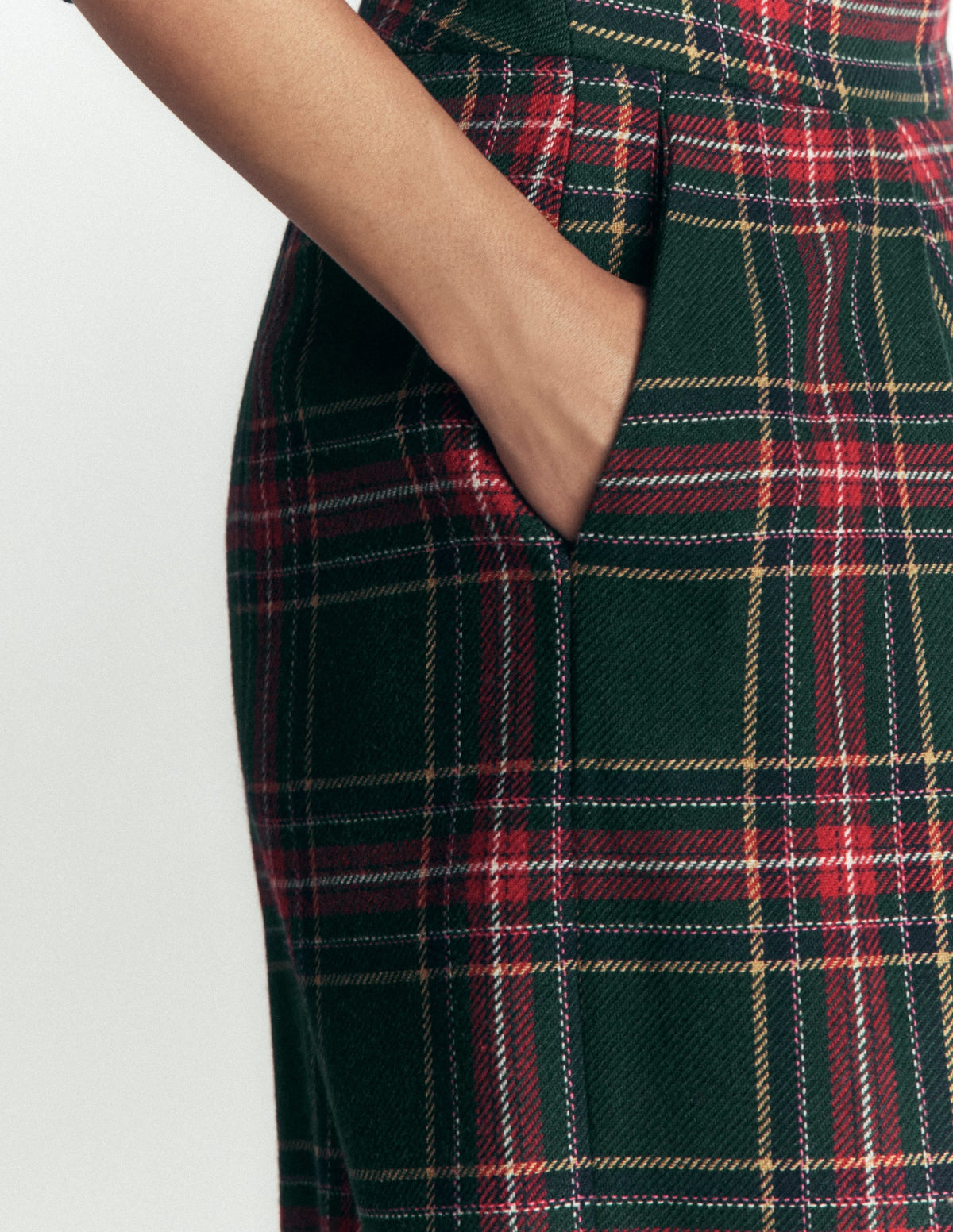 Wool Blend Pleated Trousers-Green, Navy and Red Check