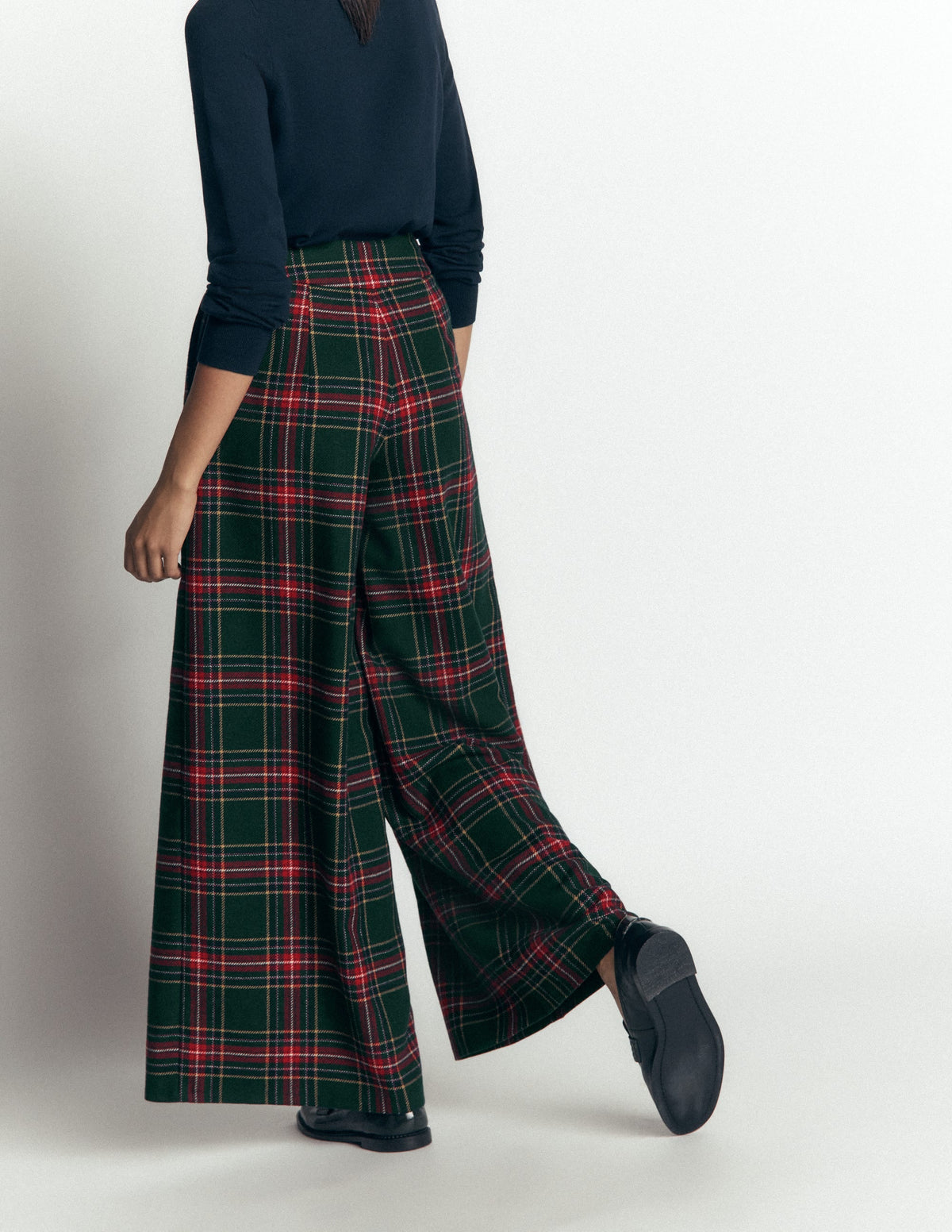 Wool Blend Pleated Trousers-Green, Navy and Red Check