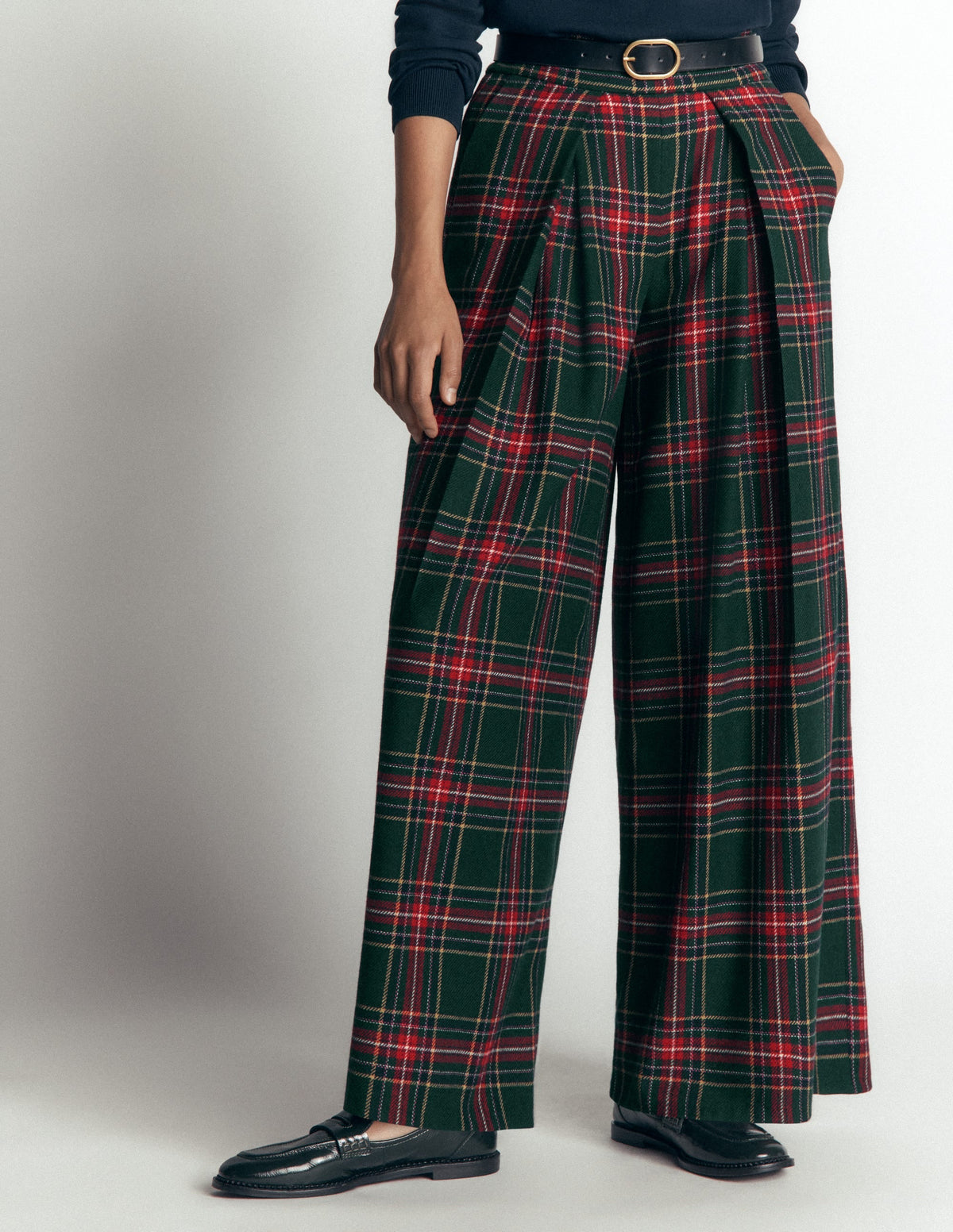Wool Blend Pleated Trousers-Green, Navy and Red Check