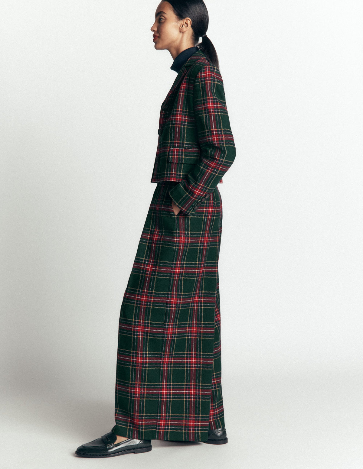 Wool Blend Pleated Trousers-Green, Navy and Red Check