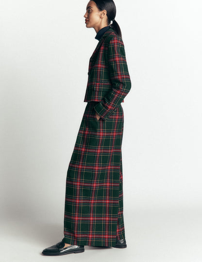 Wool Blend Pleated Trousers-Green, Navy and Red Check