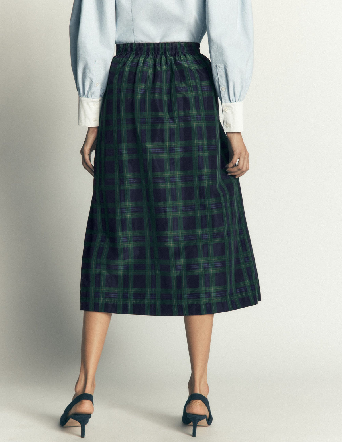 Verity Taffeta Midi Skirt-Navy, Green,Blue Tonal Check