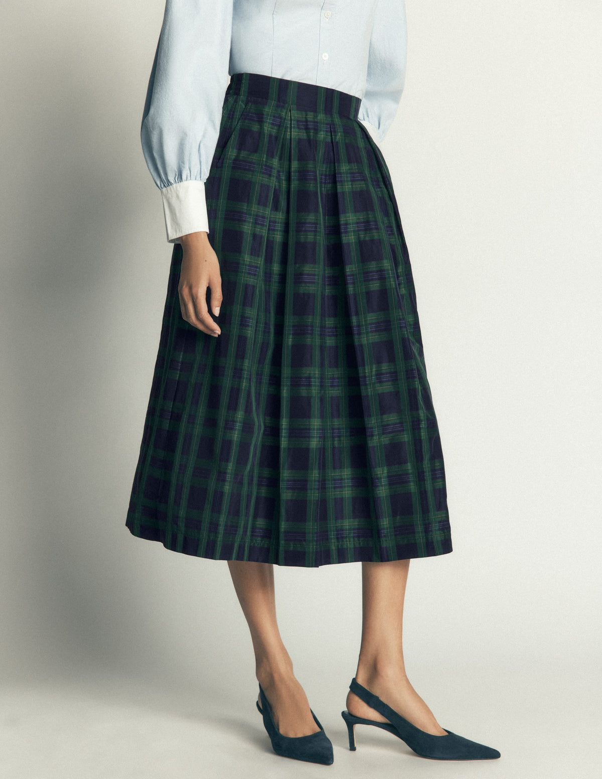 Verity Taffeta Midi Skirt-Navy, Green,Blue Tonal Check