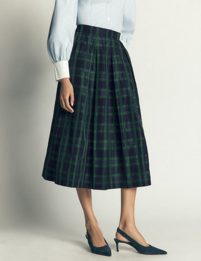 Verity Taffeta Midi Skirt-Navy, Green,Blue Tonal Check