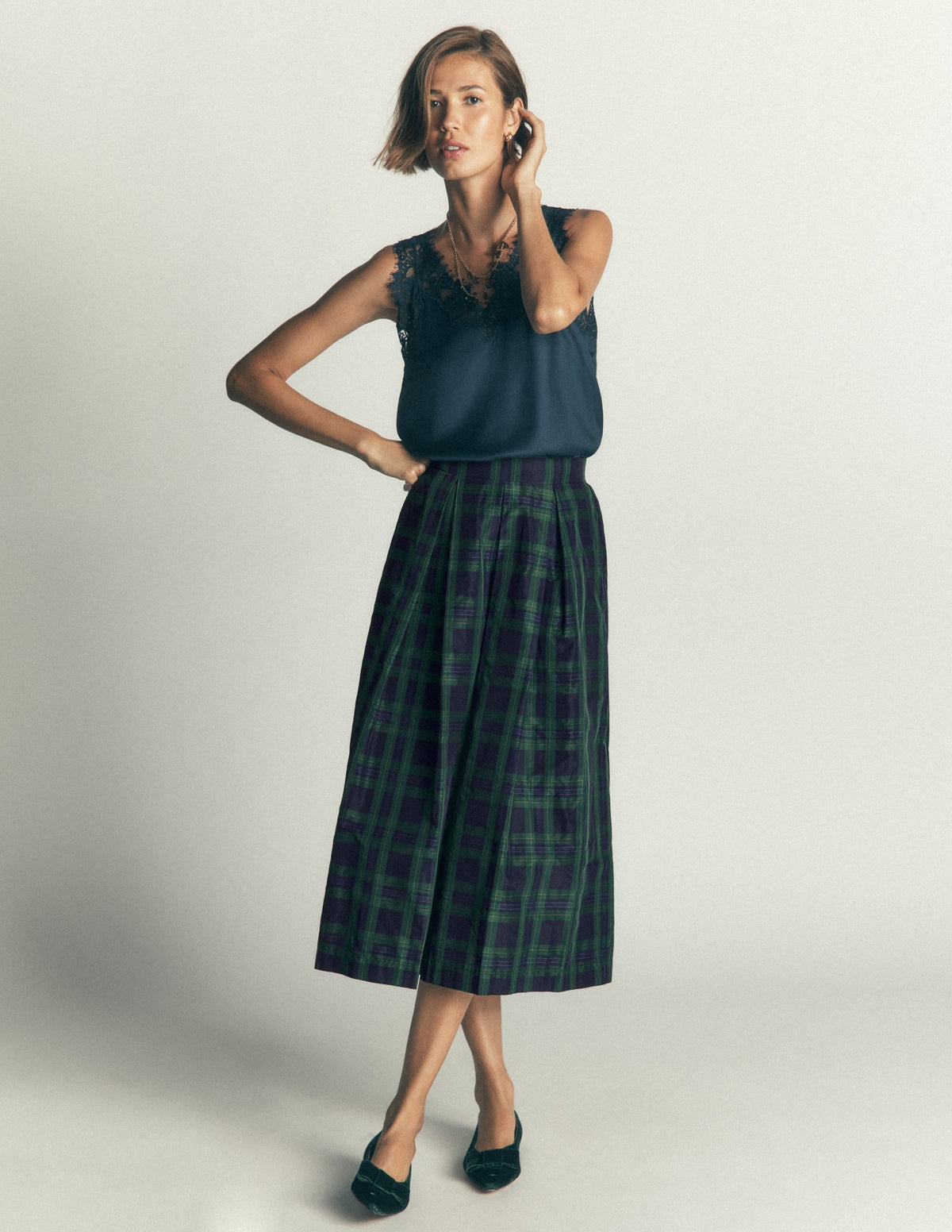 Verity Taffeta Midi Skirt-Navy, Green,Blue Tonal Check