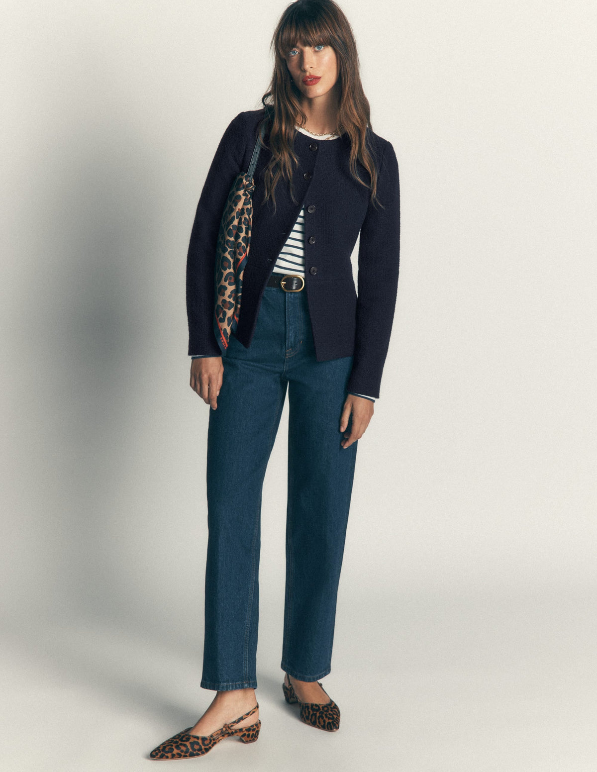 Collarless Tailored Blazer-Navy