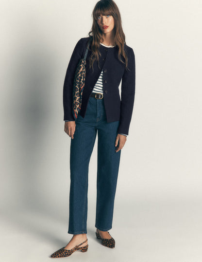 Collarless Tailored Blazer-Navy