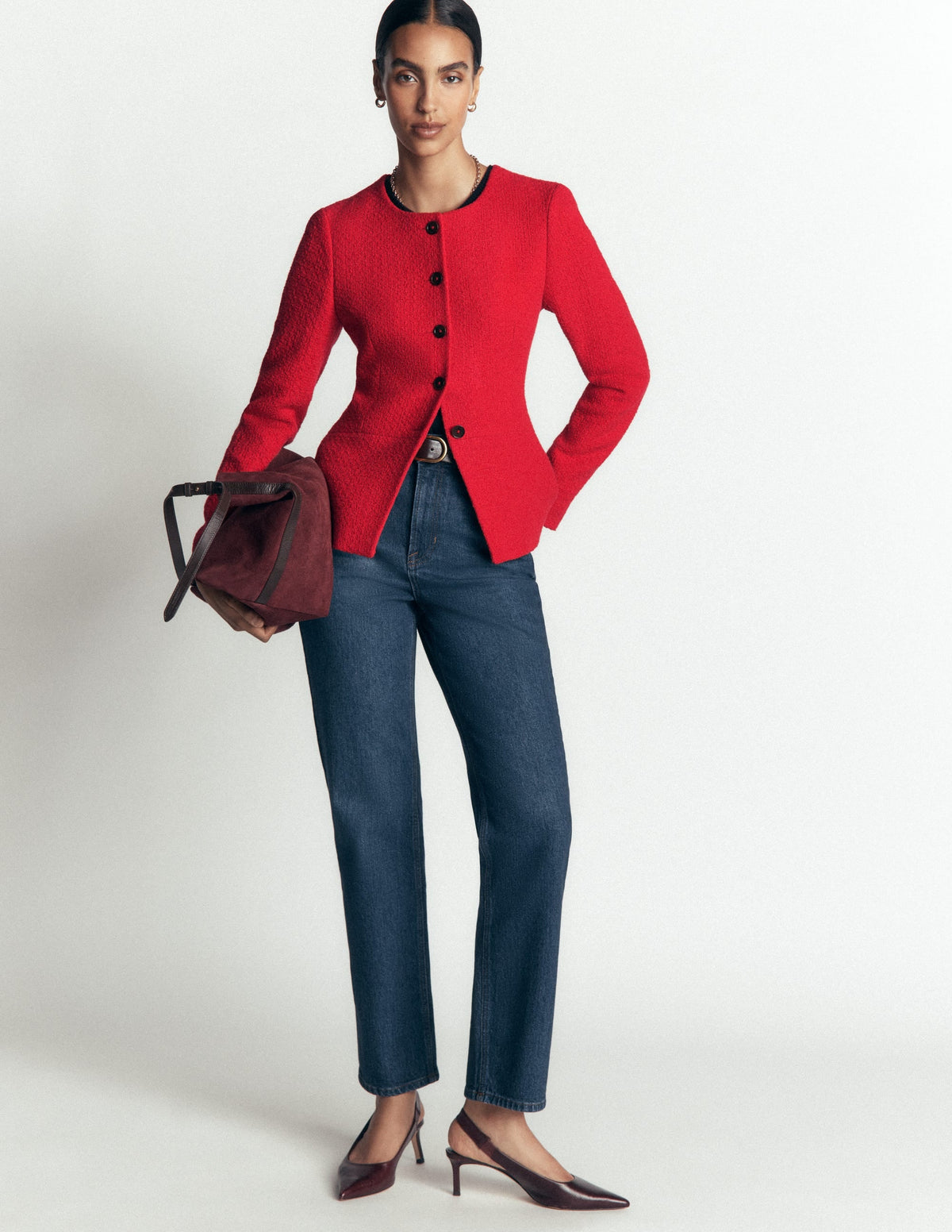 Collarless Tailored Blazer-Poppy Red