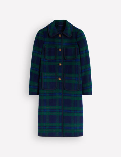 Patch Pocket Wool Blend Coat-Navy, Green and Blue Check