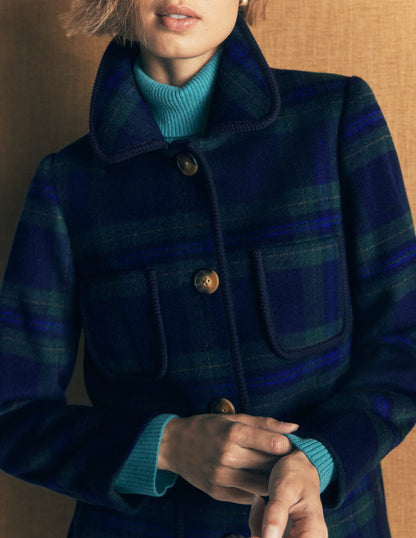 Patch Pocket Wool Blend Coat-Navy, Green and Blue Check