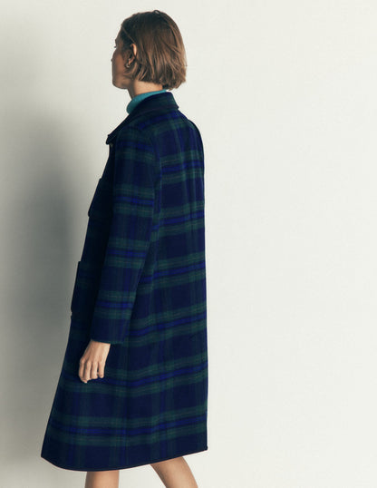 Patch Pocket Wool Blend Coat-Navy, Green and Blue Check