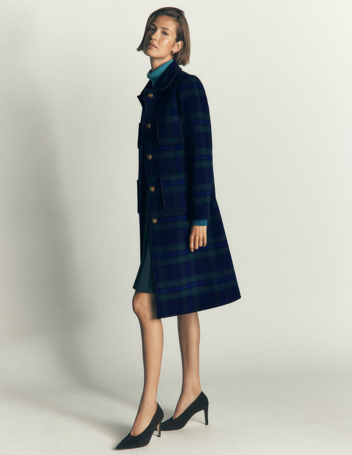 Patch Pocket Wool Blend Coat-Navy, Green and Blue Check