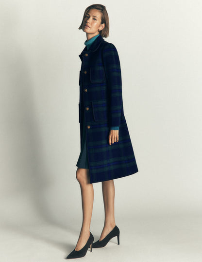 Patch Pocket Wool Blend Coat-Navy, Green and Blue Check