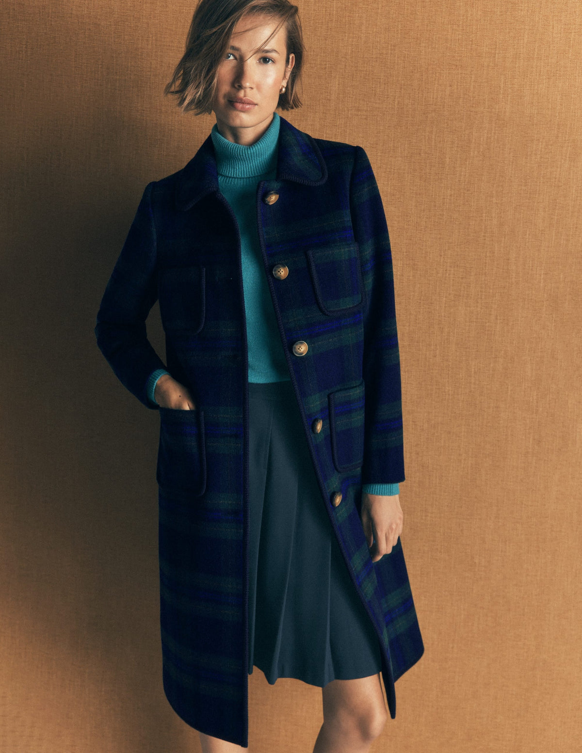 Patch Pocket Wool Blend Coat-Navy, Green and Blue Check
