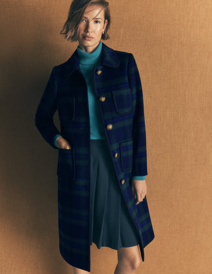 Patch Pocket Wool Blend Coat-Navy, Green and Blue Check
