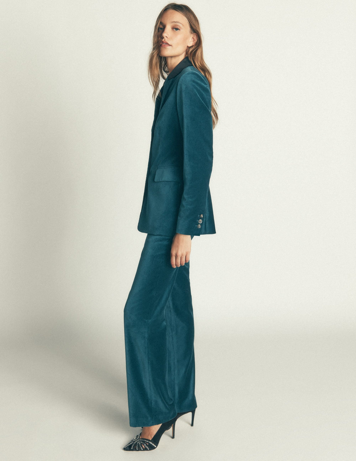 Longline Velvet Button Blazer-Teal Ocean