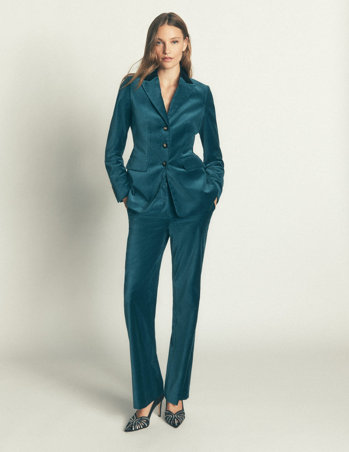 Longline Velvet Button Blazer-Teal Ocean