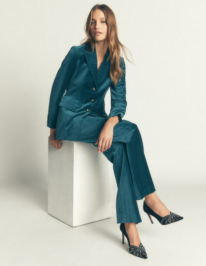 Longline Velvet Button Blazer-Teal Ocean