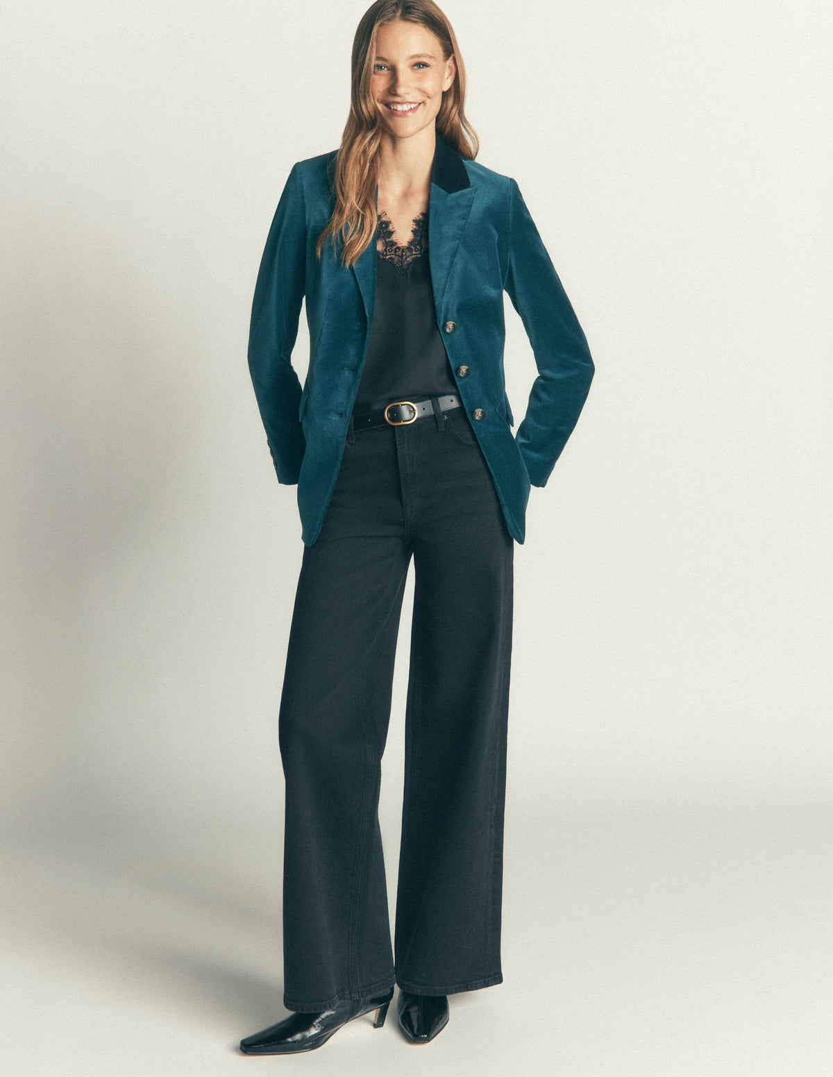Longline Velvet Button Blazer-Teal Ocean