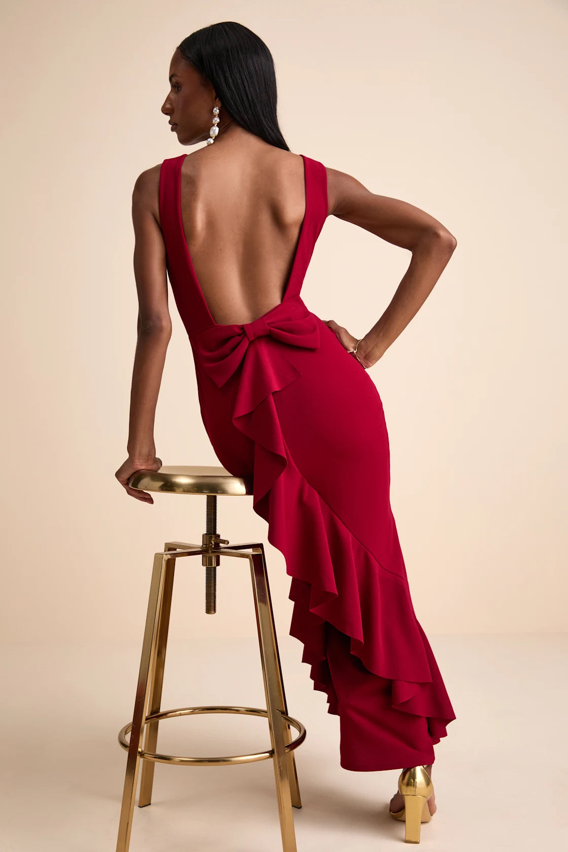 Exquisite Refinement Black Backless Bow Ruffled Maxi Dress