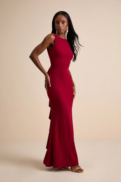 Exquisite Refinement Black Backless Bow Ruffled Maxi Dress